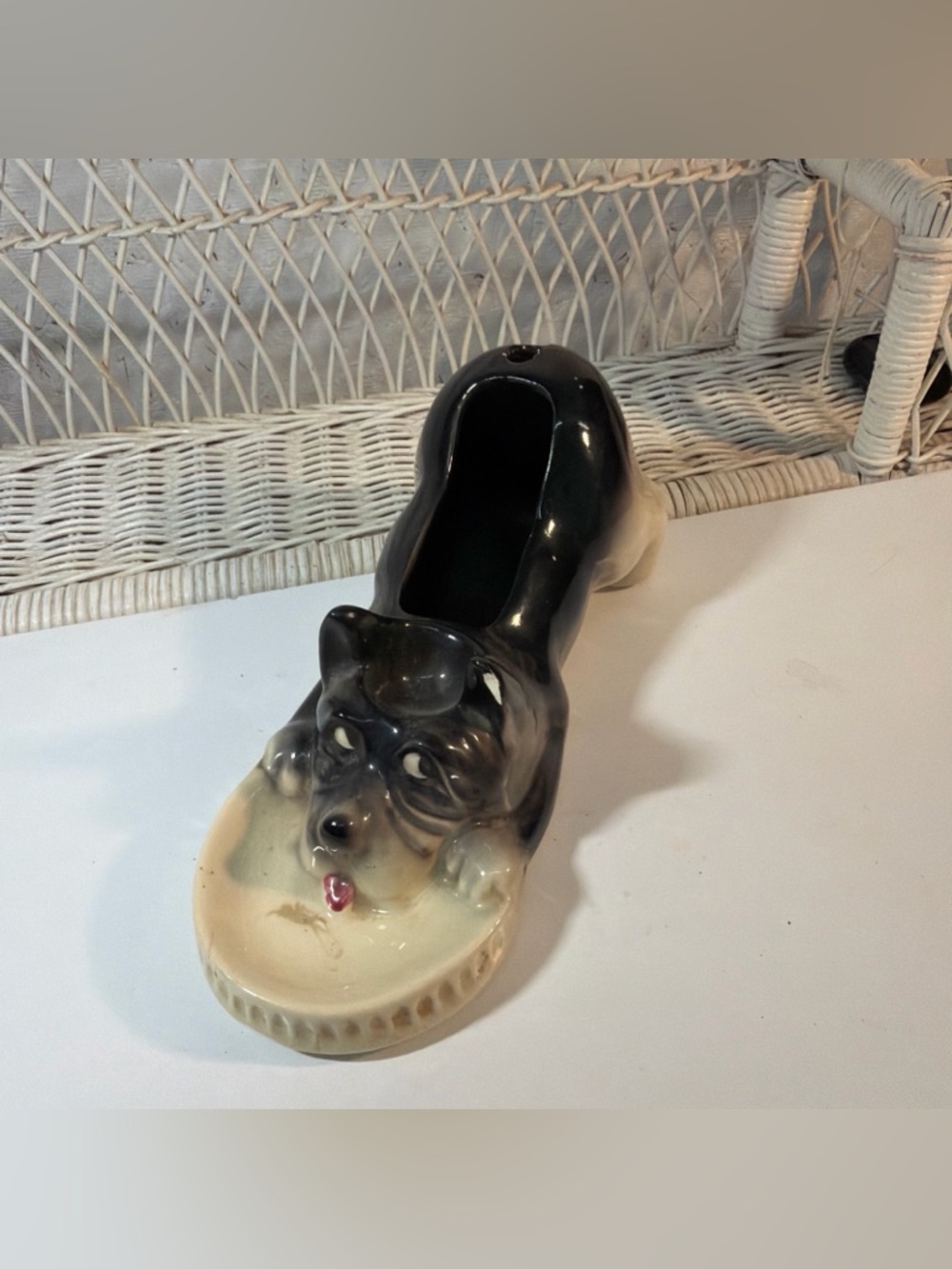 Vintage Ceramic Dog Planter in Black and Cream